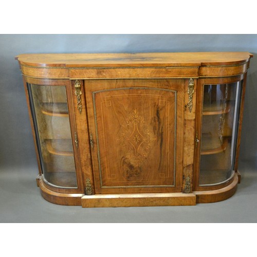 428 - A Victorian walnut marquetry inlaid and gilt metal mounted credenza cabinet with a central door flan... 