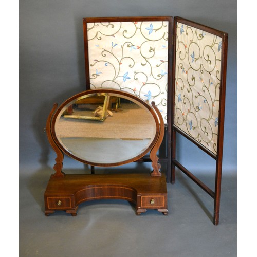 432 - A late 19th century swing frame toilet mirror together with a silkwork folding firescreen