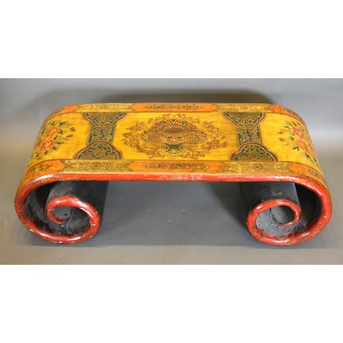 436 - A Chinese lacquered Opium table of scroll form, 111cms wide, 45cms deep, 36cms high