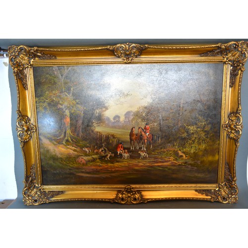 58 - Ronald Horsewell Hunting Scene within a Rural Setting, oil on canvas, signed, 60 x 90 cms together w... 