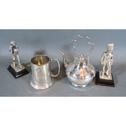 204 - A Birmingham Silver Small Mug together with a Chinese teapot and two figures of soldiers
