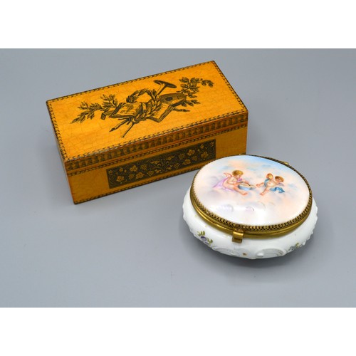 230 - A Box Decorated with Musical Instruments together with a German Porcelain box and cover hand-painted... 