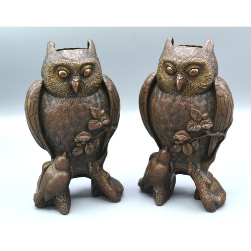 234 - A Pair of 19th Century Patinated Bronze Vases in the form of owls upon a branch with bird at foot, 1... 