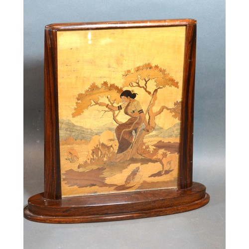 235 - An Art Deco Rosewood Table Screen with marquetry inlaid panel depicting a lady with sheep within a l... 