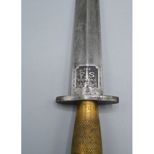 360 - PLEASE COLLECT A Fighting Knife, the blade marked FS within leather scabbard 31 cms long