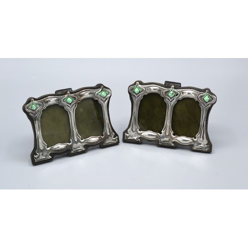 235 - A Pair Of Sterling Silver And Enamel Decorated Double Photograph Frames 8 x 11 cms