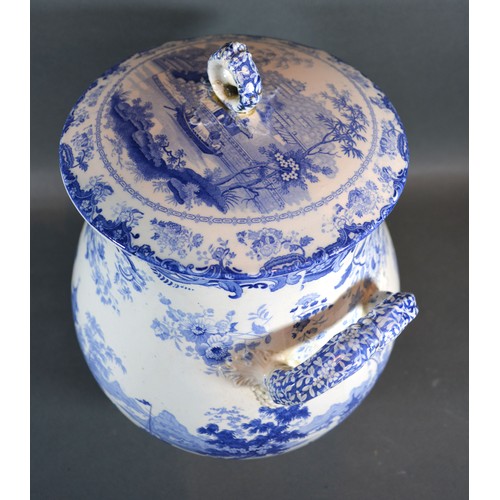 69 - A Victorian Blue And White Decorated Large Covered Pail of bulbous form with side handles decorated ... 