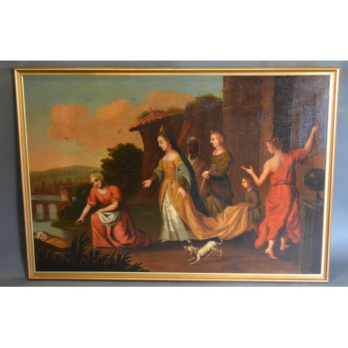 121 - 17th/18th Century Primitive, 'The Finding of Moses' oil on canvas, Thomas Agnew label verso, 94 x 13... 