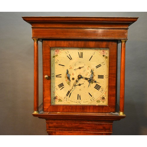 467 - An Oak and Mahogany Chequerline Inlaid Long Case Clock, the square hood with turned pilasters above ... 