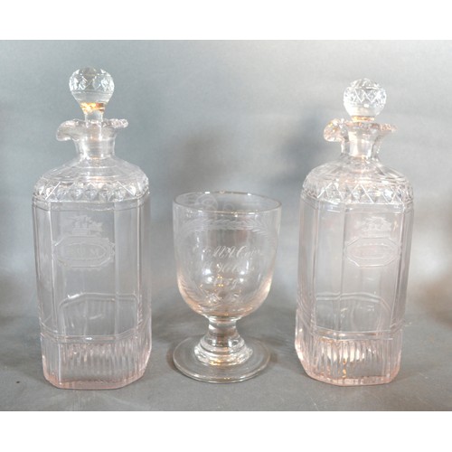 9 - A Pair Of George III Glass Decanters each inscribed Whisky and Rum together with a 19th Century comm... 