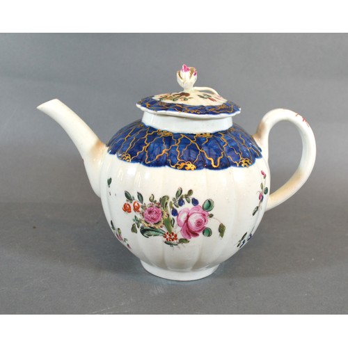 13 - An 18th Century English Porcelain Teapot Of Melon Form, the cover with foliate surmount decorated su... 