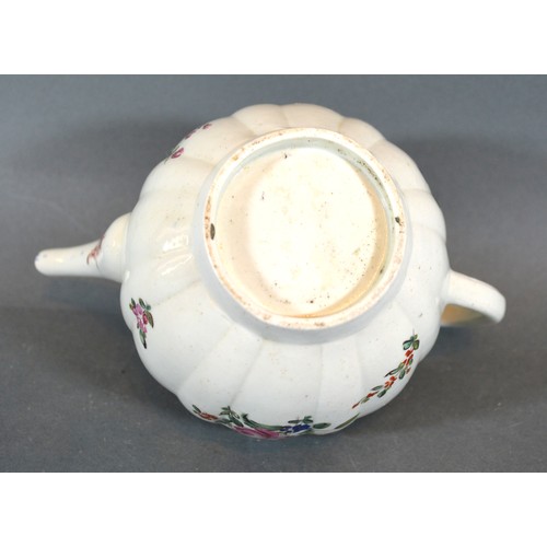 13 - An 18th Century English Porcelain Teapot Of Melon Form, the cover with foliate surmount decorated su... 