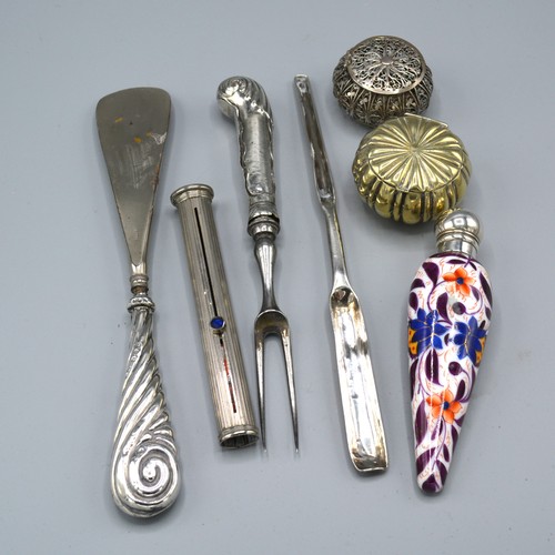 94 - A Birmingham Silver Mounted Scent Bottle together with a double marrow scoop and other items