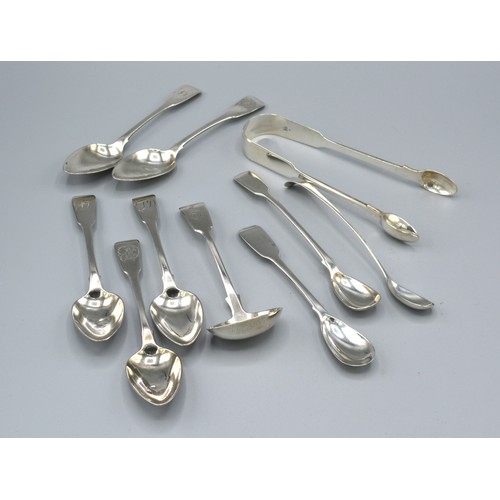 95 - Five George III Silver Teaspoons together with three mustard spoons, a small silver ladle and a pair... 