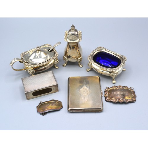 98 - A Birmingham Silver Three Piece Condiment Set together with a Birmingham silver cigarette case, a Lo... 