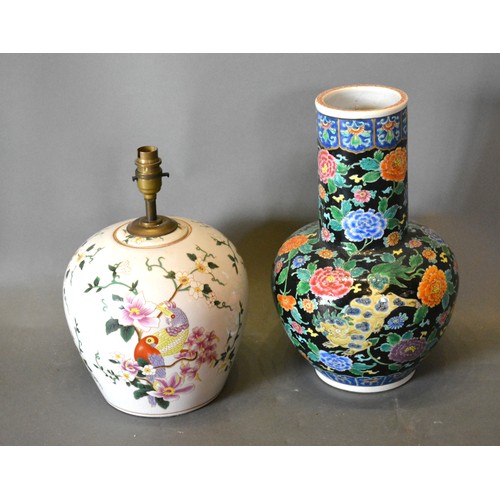 21 - A Japanese Bottleneck Vase decorated in polychrome enamels 37 cms tall together with a table lamp