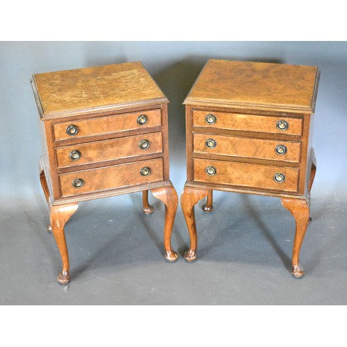 383 - A Pair Of Early 20th Century Walnut Three Drawer Bedside Chests each raised upon cabriole legs with ... 