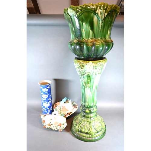 27 - A Pottery Jardiniere With Stand green glazed together with a Chinese prunus blossom spill vase and t... 