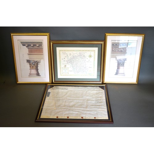 53 - An Early Framed Indenture together with a pair of architectural prints and a coloured map