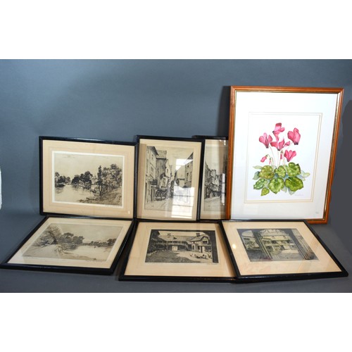 59 - A Pair Of Engravings 'The Shambles York' together with four other engravings and a watercolour