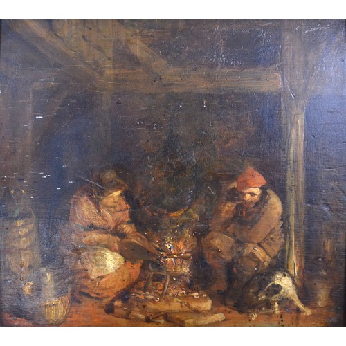 62 - An Early Dutch School 'Interior Scene With Figures And Dog Around A Fire' oil on board, 31 x 33 cms