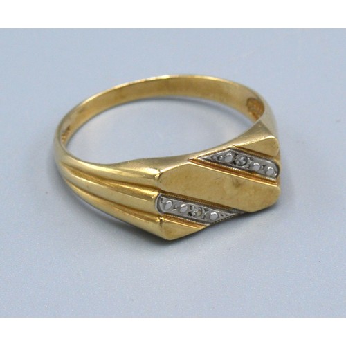 227 - A 9ct. Yellow Gold Gentleman's Ring set with two small diamonds, ring size Y, 3.4 gms.