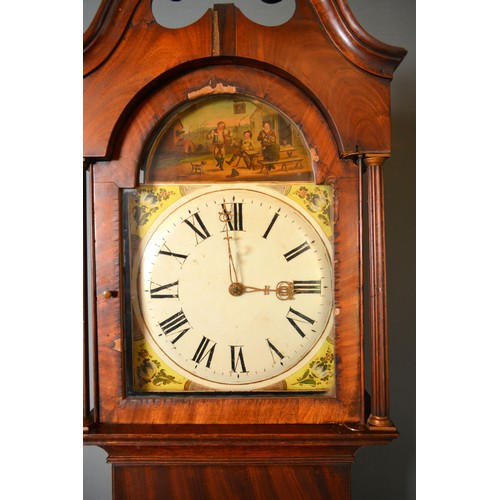 322 - A 19th Century Mahogany And Oak Long Case Clock, the arched hood with broken swan neck pediment abov... 