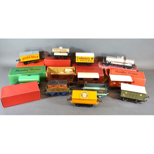 186 - A Hornby O Gauge Advertising Wagon Sax Salt together with a collection of other Hornby O Gauge Rolli... 