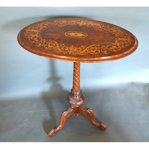 614 - A Victorian Burr Walnut and Marquetry Inlaid Oval Occasional Table, the inlaid top above a spiral ce... 