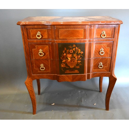 679 - A French style inlaid chest, the moulded line inlaid top above three marquetry inlaid drawers with b... 