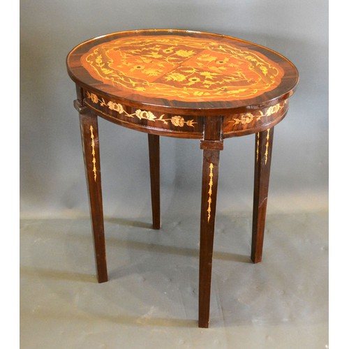 681 - A French style marquetry inlaid oval occasional table, the marquetry inlaid top above a similar frie... 