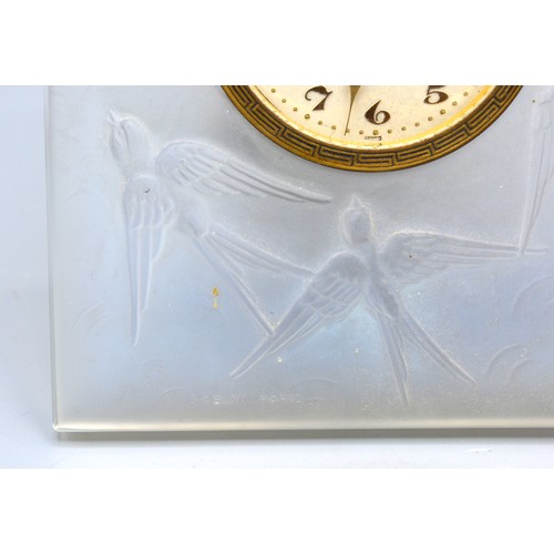 12 - A Sabino Opalescent Glass Table Clock decorated in relief with birds, 13 x 10 cms