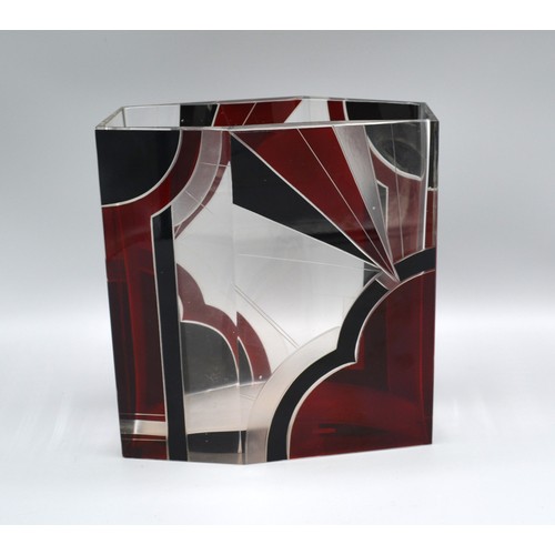 31 - An Art Deco Glass Vase by Karl Palda with black and ruby geometric decoration, 21cms tall