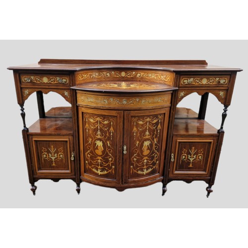 357 - An Edwardian semi bow-fronted marquetry inlaid side cabinet, with an arrangement of drawers and cupb... 