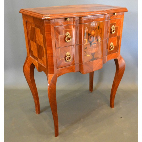 362 - A French style chest, the inlaid shaped top above two marquetry inlaid drawers with brass drop handl... 