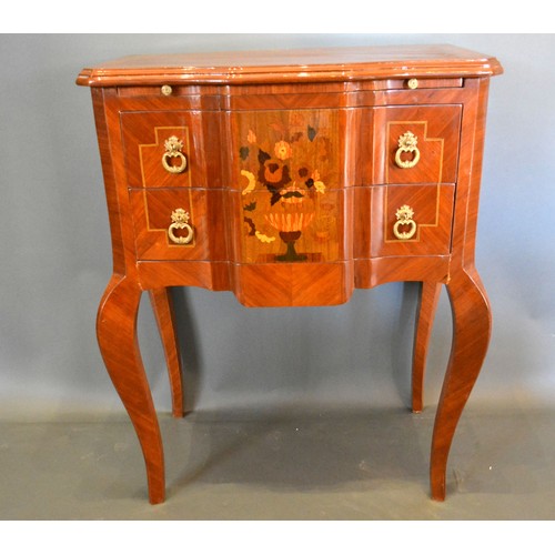 362 - A French style chest, the inlaid shaped top above two marquetry inlaid drawers with brass drop handl... 