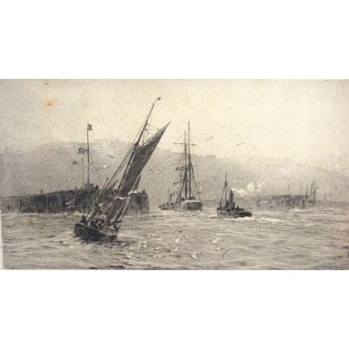 58 - William Lionel Wyllie 'Sailing Ships Off A Coast' etching signed in pencil, 13.5 x 21 cms