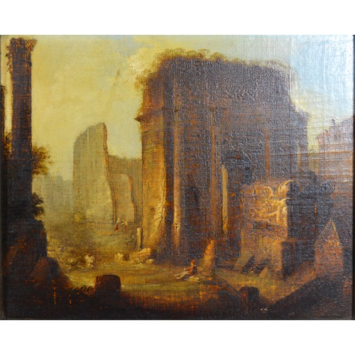 44 - Continental School 'Study Of Figures Before Ruins' a pair of oils on board, unsigned, 21 x 26 cms