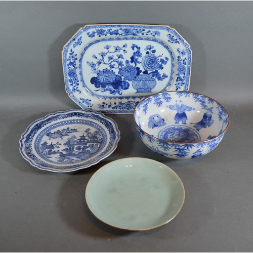 23 - A 19th Century Chinese underglaze blue decorated octagonal dish together with a bowl, and two dishes