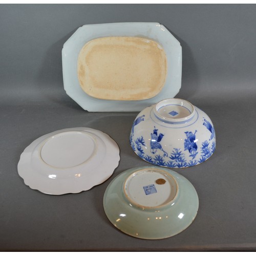 23 - A 19th Century Chinese underglaze blue decorated octagonal dish together with a bowl, and two dishes