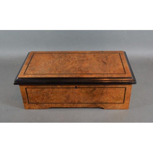 242 - A 19th Century Swiss music box, with burr walnut and ebonised case, playing eight airs, 36cms long