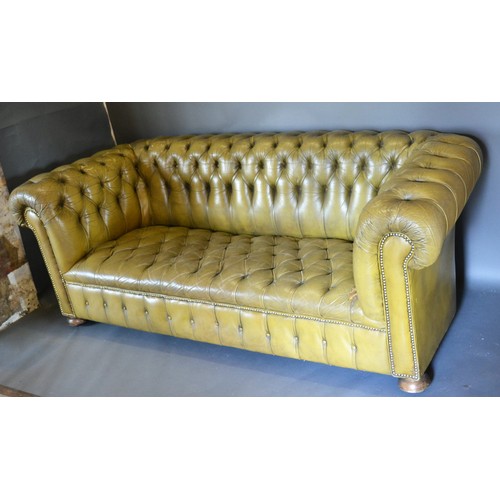 312 - A button upholstered  leather Chesterfield sofa in green, 206cms long, 87cms deep and 74cms tall