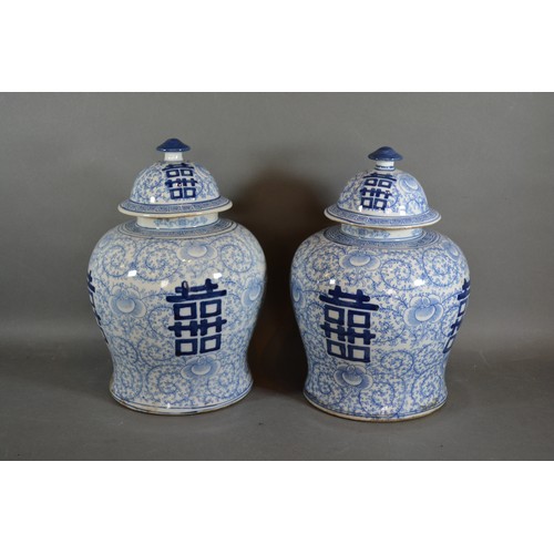 13 - A pair of Chinese blue and white covered Ginger jars, each bearing script, 32cms tall