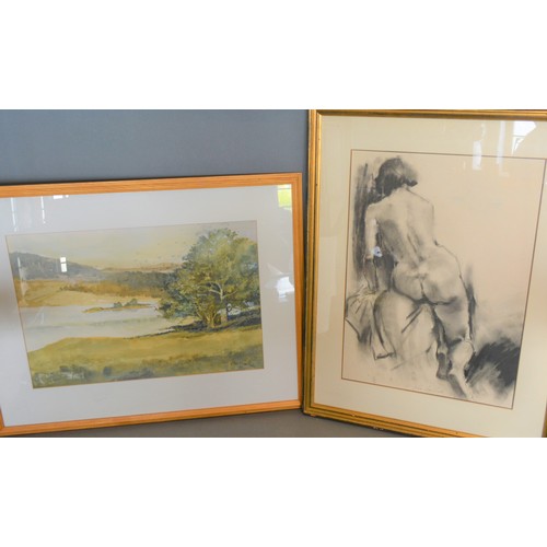 47 - John Heseltine, River Landscape, Watercolour Signed, 33cm by 49cm, together with a nude study by the... 