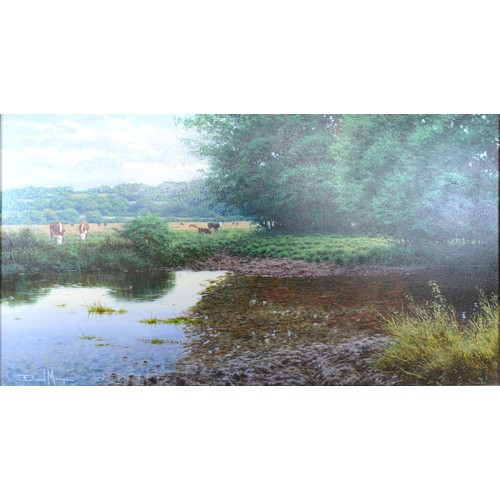 54 - David Morgan 'River Scene With Cattle At A Watering Hole Within A Rural Setting' oil on canvas, sign... 