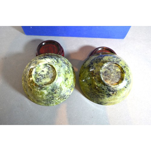 251 - A Pair Of Chinese Jade Bowls upon hardwood stands 13.5cms diameter within fitted lined box