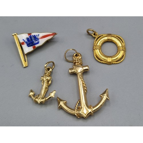 106 - A 9ct gold and enamel brooch in the form of a flag with crown together with a 9ct gold pendant in th... 