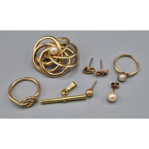 110 - A pearl set brooch together with two 9ct gold rings, a pair of 9ct gold earstuds, two more earstuds ... 