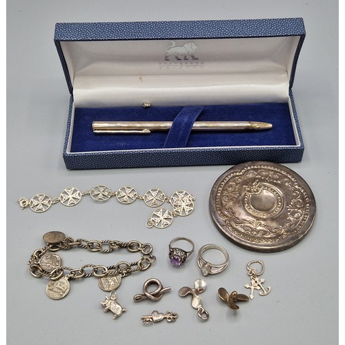 112 - A London Silver Backed Mirror, together with a silver case pen and a collection of silver jewellery ... 