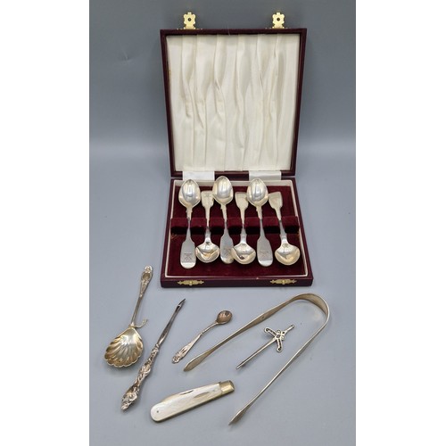 118 - A set of six Victorian silver teaspoons, Exeter 1853 together with pair of Georgian silver sugar ton... 